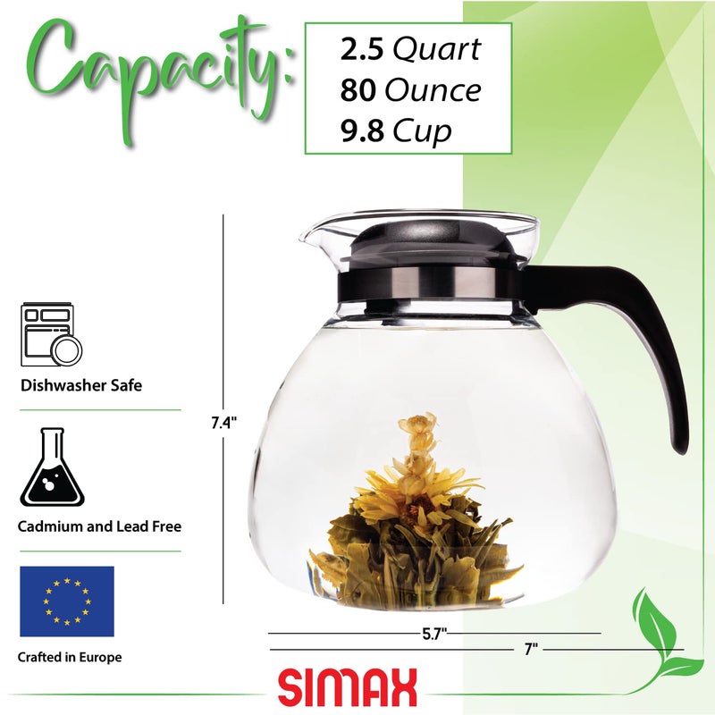 Simax Glassware 2.5 Quart Glass Teapot | Short Spout, Stay Cool Plastic Handle and Lid, Stovetop and Dishwasher Safe, Heat, Cold, and Thermal Shock Resistant Borosilicate Glass - Image 2